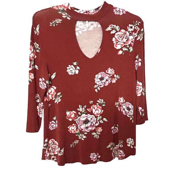 LIME N CHILI LONG SLEEVE, CUT OUT KEYHOLE NECK, WOMENS, L, BURNT ORANGE FLORAL - Picture 1 of 10